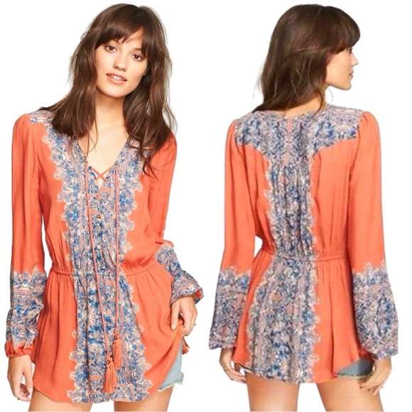 Free People Tops - Free People L Wildest Moment Lace Up Tunic Bohemian Indie Rust Festival